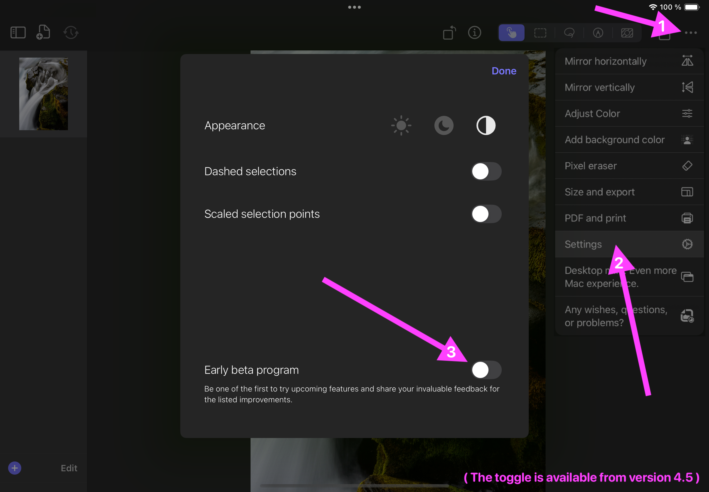 Steps to enable the early beta features in the app